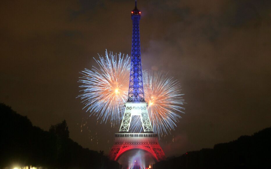 Eiffel Tower fireworks display during Bastille Day 2026 celebrations in Paris